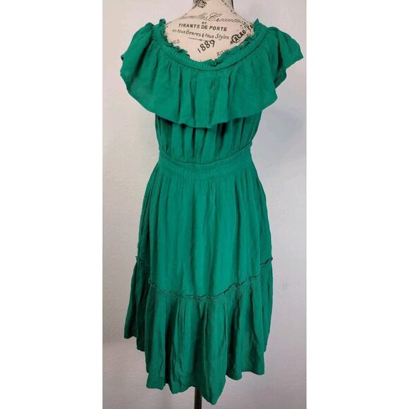 Tommy Bahama Midi Dress XS Layered Off Shoulders Green Cottagecore Bohemian - Picture 8 of 14